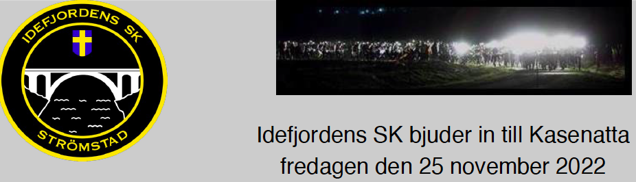 Klubbmärke och bild på många löpare med pannlysen samt texten "Idefjordens SK bjuder in till Kasenatta fredagen den 25 november 2022"